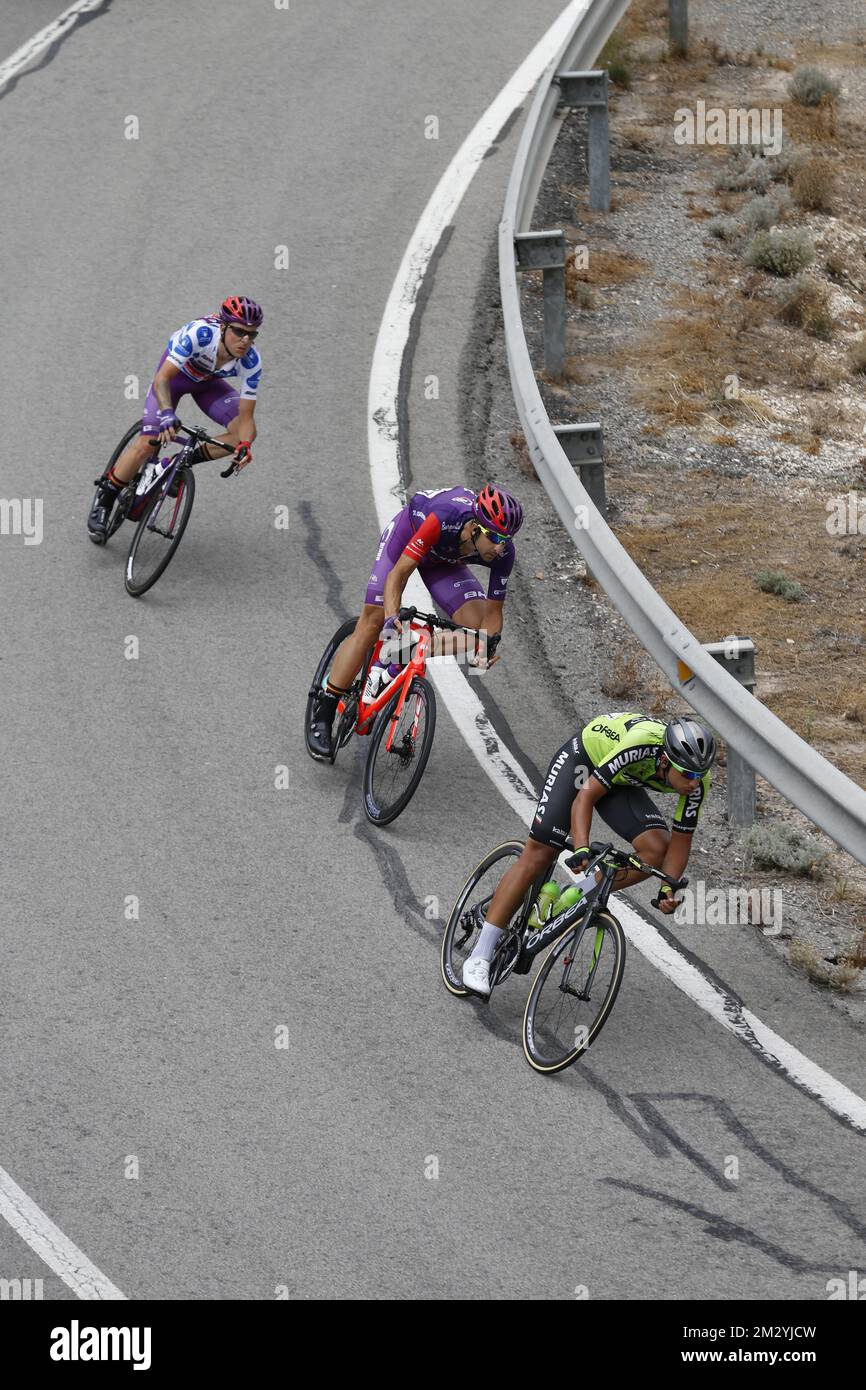 Spanish Hector Saez Benito of Euskadi Basque Country - Muria, Spanish Diego Rubio Hernandez of Burgos-BH and Spanish Angel Madrazo Ruiz of Burgos-BH pictured in action during the third stage of the 2019 edition of the 'Vuelta a Espana', Tour of Spain cycling race, 188 km from Ibi Ciudad del Juguete to Alicante, Spain, Monday 26 August 2019. BELGA PHOTO YUZURU SUNADA Stock Photo