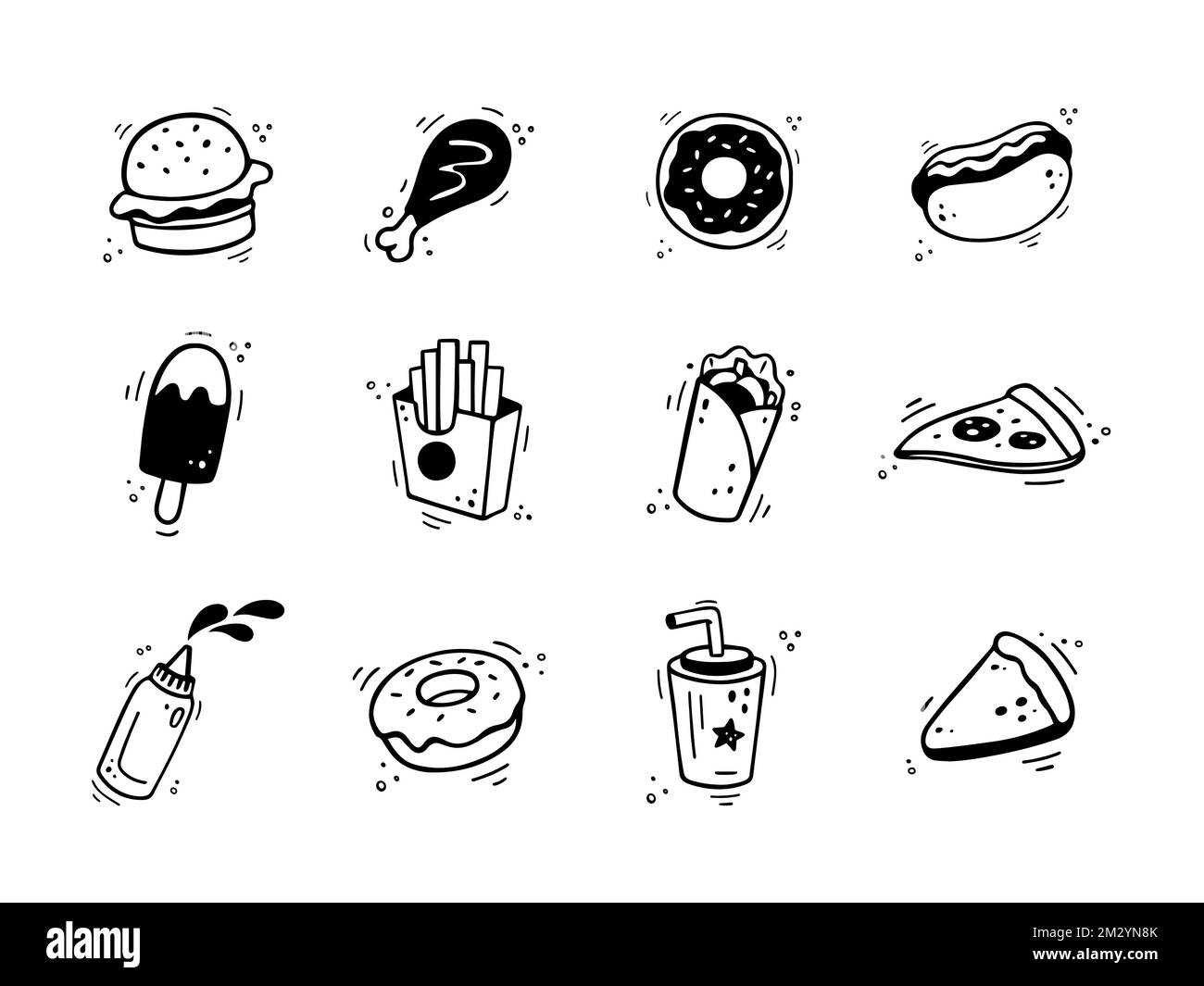Hand drawn fast food icons. Sketch of snack elements. Fast food illustration in doodle style. Fast food collection. Stock Vector