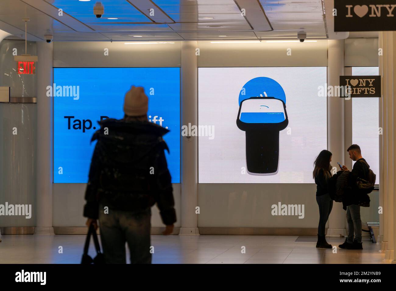 Advertising for shopping with Apple Pay in the Westfield Mall in the World Trade Center Transportation Hub in Lower Manhattan in New York on Tuesday, December 6, 2022.  (© Richard B. Levine) Stock Photo