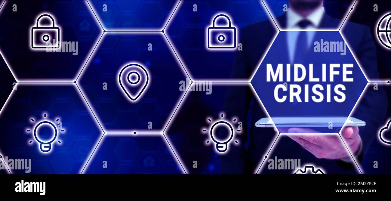 Sign displaying Midlife Crisis. Business approach Software development technique Decomposing an application Stock Photo