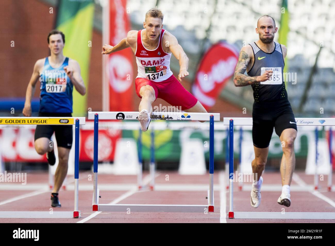 Belgian Julien Watrin (C) and David Greene (R) pictured in action during the men 400m hurdles race at the Belgian Athletics championships, Sunday 01 September 2019 in Brussels. BELGA PHOTO JASPER JACOBS Stock Photo