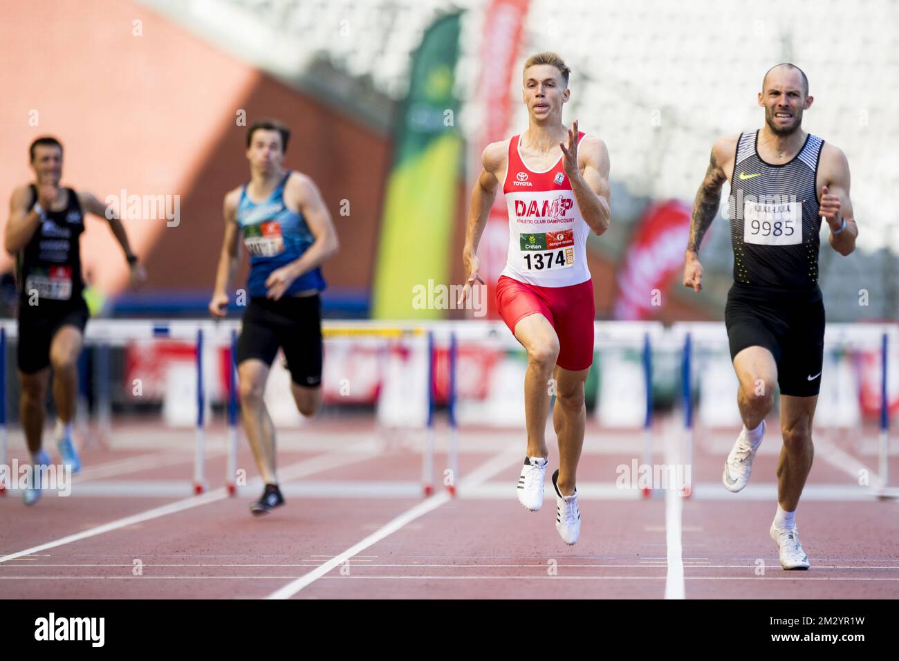 Belgian Julien Watrin (C) and David Greene (R) pictured in action during the men 400m hurdles race at the Belgian Athletics championships, Sunday 01 September 2019 in Brussels. BELGA PHOTO JASPER JACOBS Stock Photo