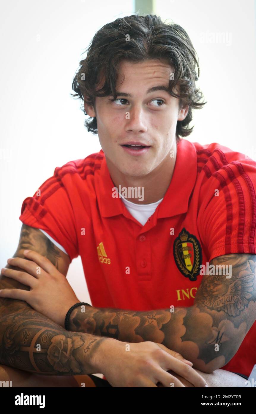 Belgium's Mile Svilar pictured during a press conference of the u21 youth team of the Belgian national soccer team Red Devils, Tuesday 03 September 2019 in Tubize. On September 20th the team will play Bosnia and Herzegovina in a Euro 2021 qualifier. BELGA PHOTO VIRGINIE LEFOUR Stock Photo