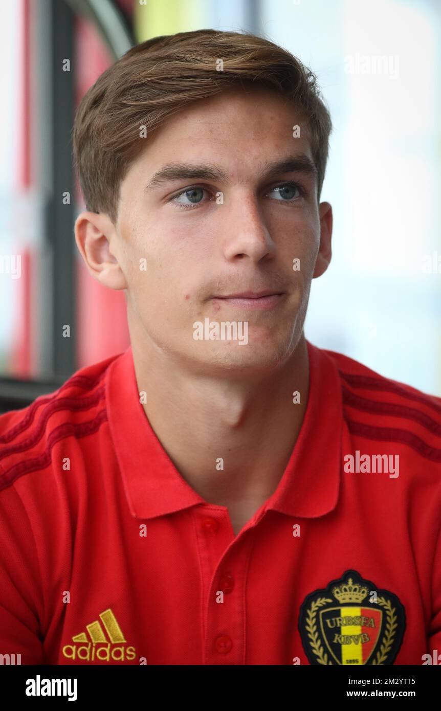 Belgium's Siebe Dewaele pictured during a press conference of the u21 youth team of the Belgian national soccer team Red Devils, Tuesday 03 September 2019 in Tubize. On September 20th the team will play Bosnia and Herzegovina in a Euro 2021 qualifier. BELGA PHOTO VIRGINIE LEFOUR Stock Photo
