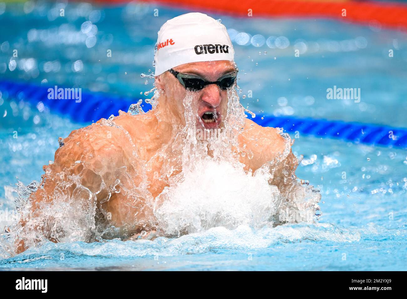 Andrius Sidlauskas of Lithuania competes in the 100m Breaststroke Men Heats during the FINA Swimming Short Course World Championships at the Melbourne Stock Photo