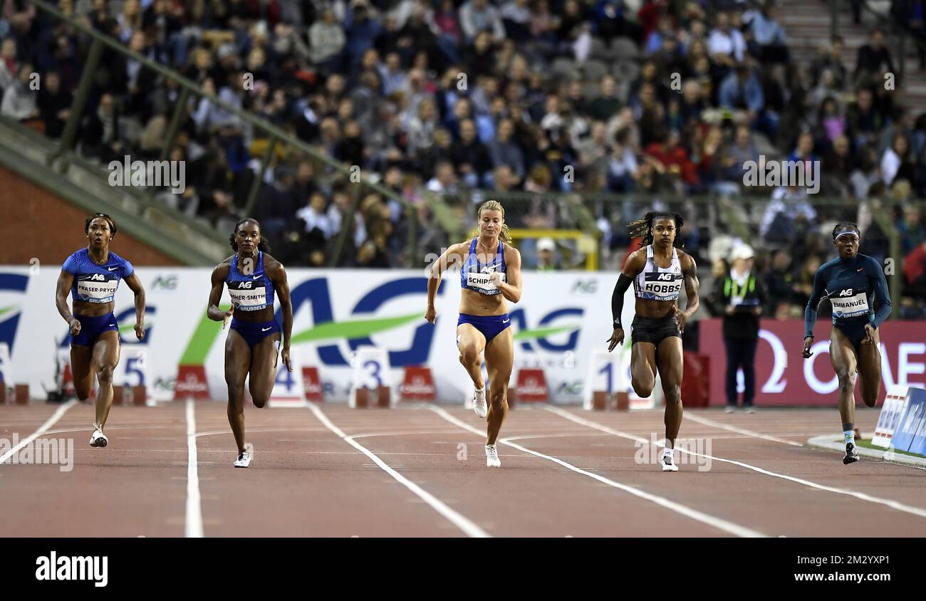 Jamaica's Shelly-Ann Fraser-Pryce, Britain's Dina Asher-Smith, Dutch Dafne Schippers, US Aleia Hobbs and Crystal Emmanuel pictured in action during the women's 100m race the 2019 edition of the AG Insurance Memorial Van Damme IAAF Diamond League athletics meeting, Friday 06 September 2019 in Brussels. BELGA PHOTO JASPER JACOBS Stock Photo