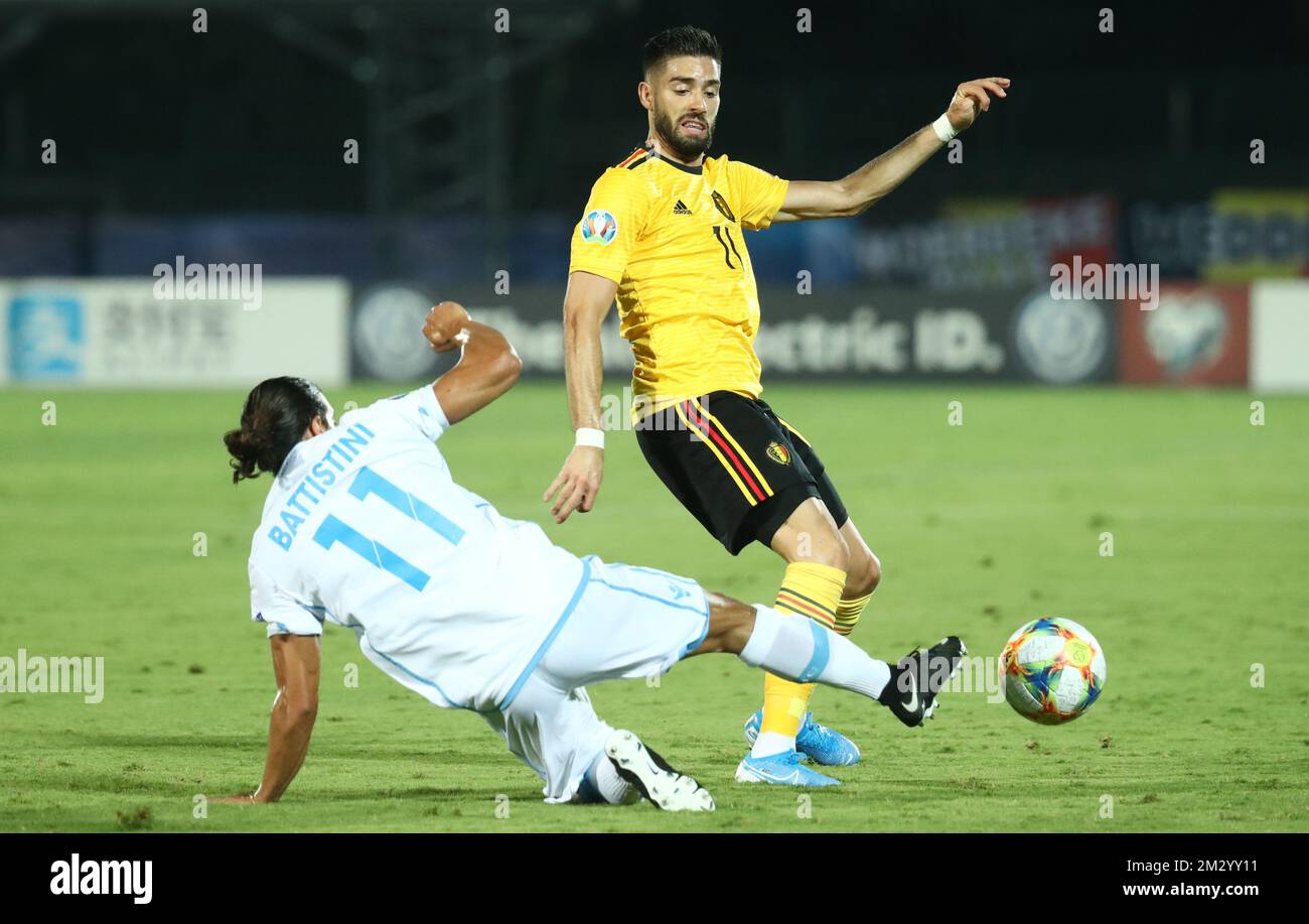 San Marino's Manuel Battistini and Belgium's Yannick Carrasco fight for the ball during a game between San Marino and the Red Devils, Belgian national soccer team, a Euro 2020 qualifier, at the Stadio Olimpico of San Marino, in Serravalle, San Marino, Friday 06 September 2019. BELGA PHOTO VIRGINIE LEFOUR Stock Photo