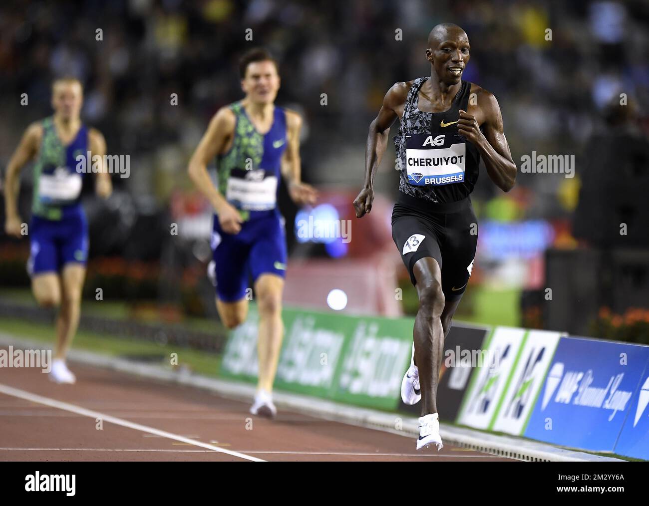 Kenya's Timothy Cheruiyot (R) pictured at the men's 1500m race at the 2019 edition of the AG Insurance Memorial Van Damme IAAF Diamond League athletics meeting, Friday 06 September 2019 in Brussels. BELGA PHOTO JASPER JACOBS Stock Photo