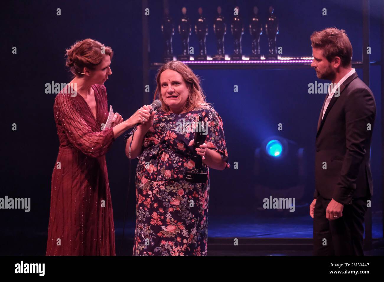 Fransesca Van Thielen, Ruth Beeckmans and Actor Kevin Janssens pictured during the award ceremony of the Ensors Flemish film prizes on the closing day of the 13th edition of the Oostende Film festival, Saturday 14 September 2019. BELGA PHOTO NICOLAS MAETERLINCK  Stock Photo