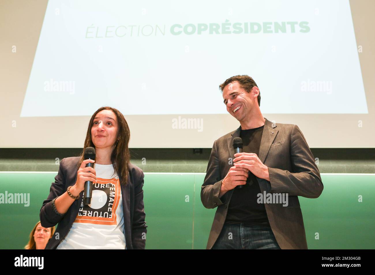 Ecolo's newly elected cochairwoman Rajae Maouane and Ecolo cochairman