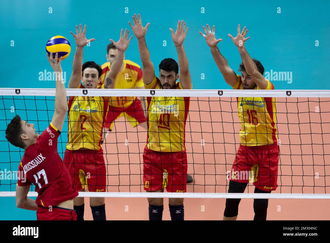 Belgium's Tomas Rousseaux, Spain's Angel Trinidad de Haro, Spain's Jorge Fernandez Valcarel and Spain's Juan Manuel Gonzalez pictured in action during a group B game between Spain and the Red Dragons, Belgian national volleyball team, at the European volleyball championships, Sunday 15 September 2019, in Antwerp. BELGA PHOTO KRISTOF VAN ACCOM Stock Photo