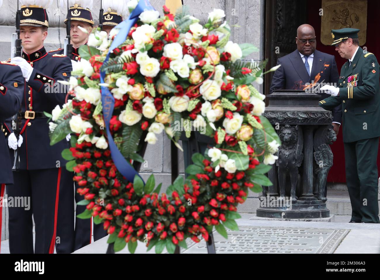DRC Congo President Felix Tshisekedi pictured at the tomb of the Unknown Soldier, at the Congress Column (Colonne du Congres - Congreskolom), part of the offical visit of DRC Congo President for several days in Belgium, Tuesday 17 September 2019, in Brussels. BELGA PHOTO BENOIT DOPPAGNE  Stock Photo