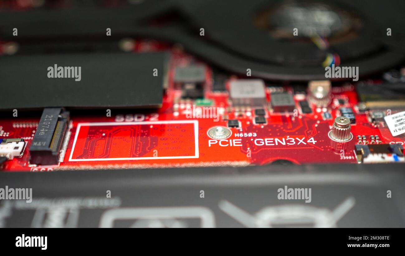 Circuit board with resistors microchips and electronic components. Computer hardware technology. Integrated communication processor. Information engin Stock Photo