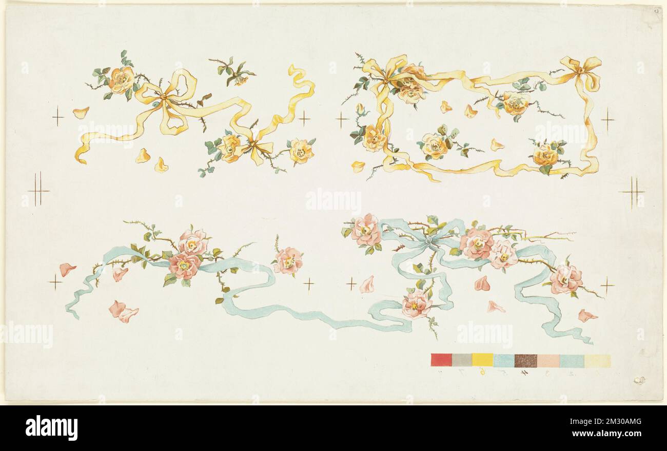Four groups of roses entwined with ribbons , Roses, Ribbons. Louis Prang & Company Collection Stock Photo