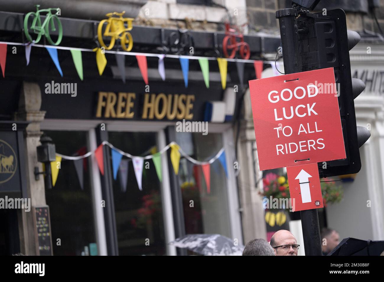 Illustration picture shows a sign reading 'Good Luck to all riders ...