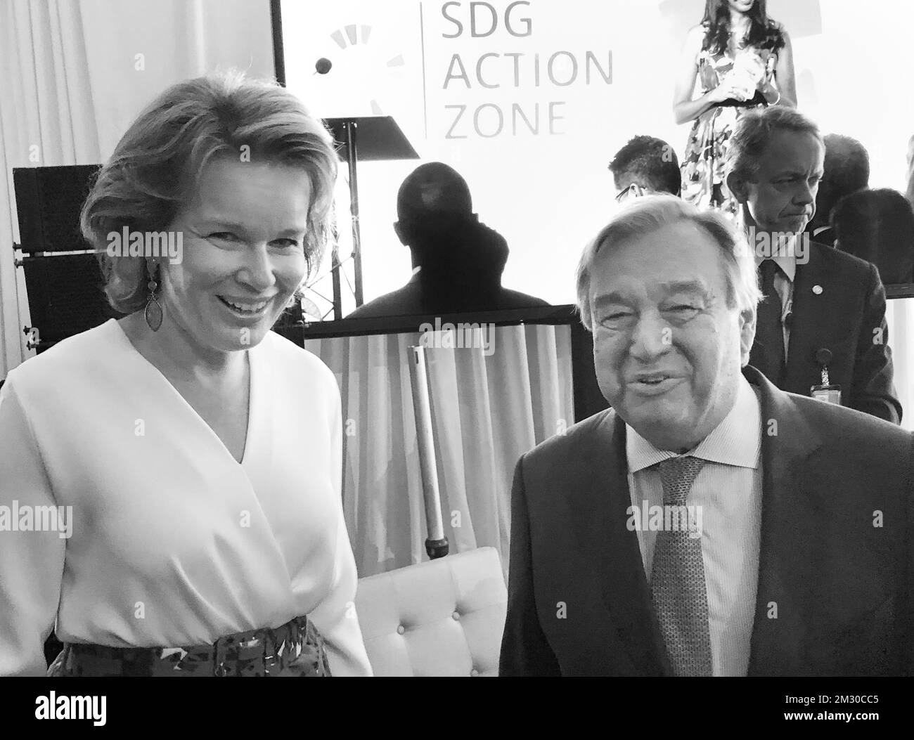 Queen Mathilde of Belgium and UN General secretary Antonio Guterres pictured during the SDG Advocates Reception at the 74th session of the United Nations General Assembly (UNGA 74), in New York City, United States of America, Sunday 22 September 2019. BELGA PHOTO ROYAL PALACE Stock Photo