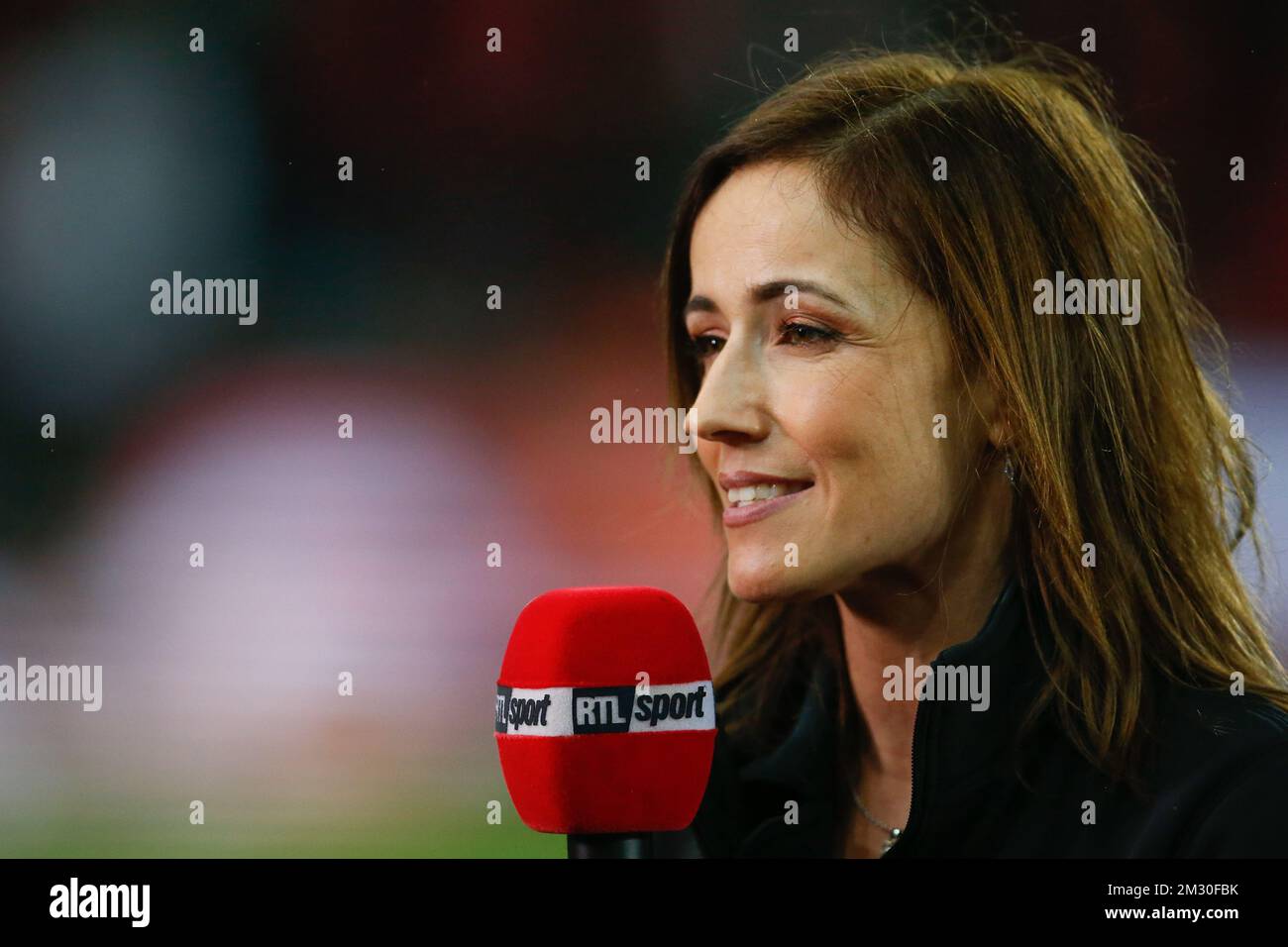 tv commentator Anne Ruwet pictured ahead of a soccer game between Standard de Liege and Lommel