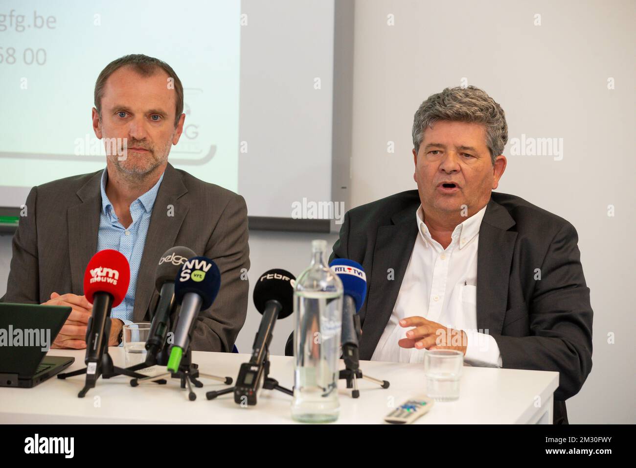 Travel Fund general manager Mark De Vriendt and Jean Philippe Cuvelier  pictured during a press conference of the Travel Guarantee Fund (GFG -  Garantiefonds Reizen Fonds de Garantie Voyages), after the announcement
