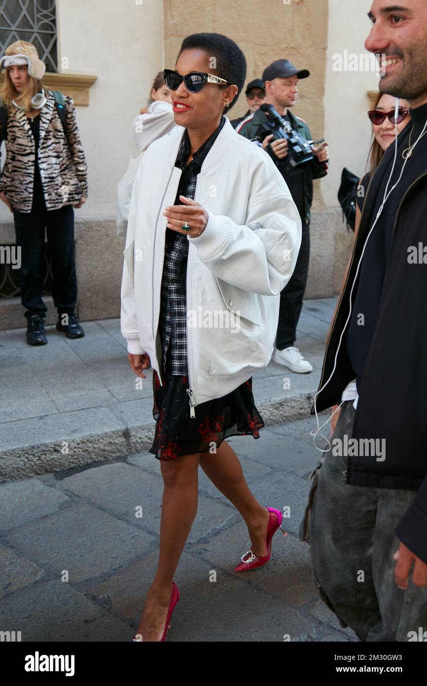 MILAN, ITALY - SEPTEMBER 22, 2022: Tamu McPherson before Dsquared2 fashion show, Milan Fashion Week street style Stock Photo