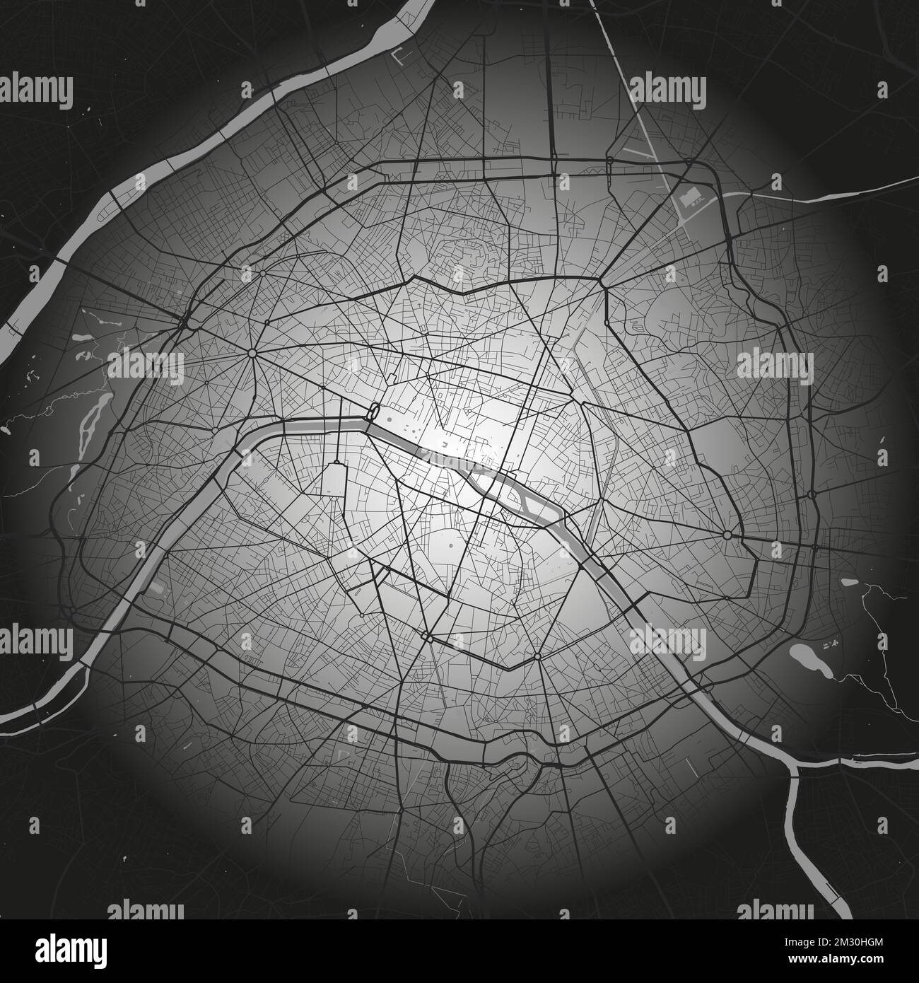 Paris city center map with shadow. Grayscale art poster, street map