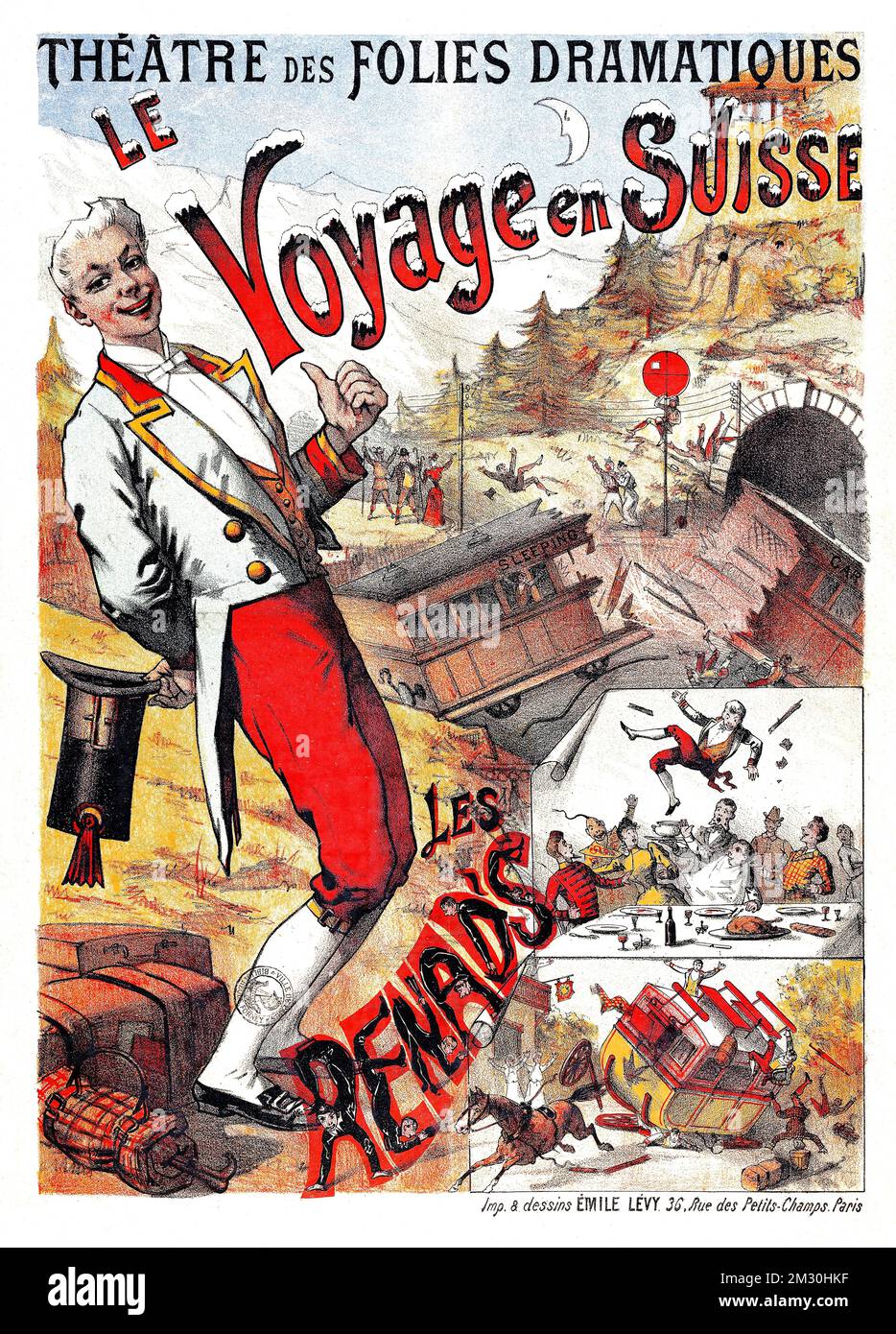 Old theatre poster - Le Voyage en Suisse - Theater of Dramatic Folies. Travel to Switzerland. Les Renad's - vintage poster by Emile Levy, 1892 Stock Photo