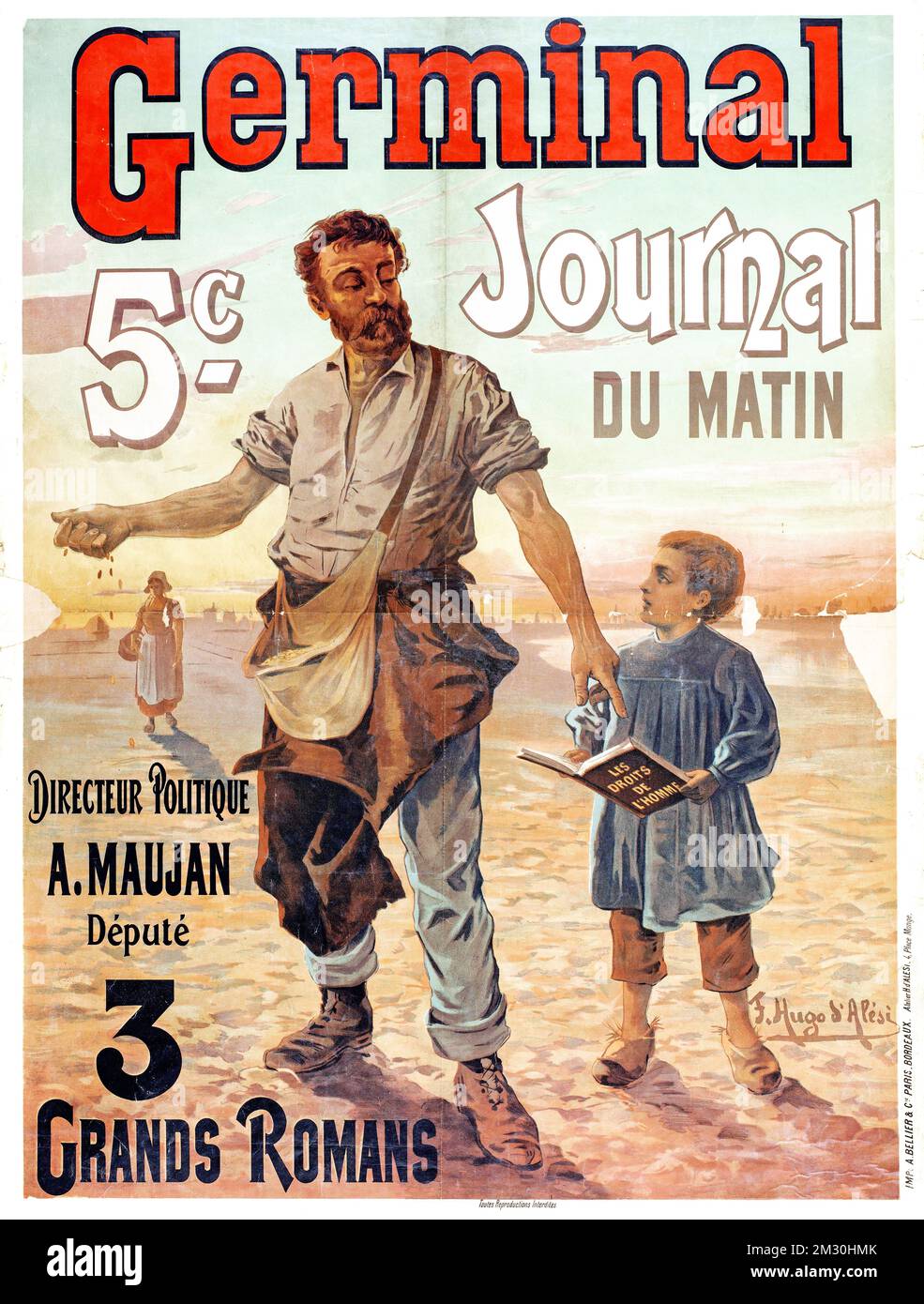 Vintage advertising poster - Germinal Journal, Du Matin, 5 c, Grands Romans -  F. Hugo d'Alesi artwork, c 1893 Stock Photo