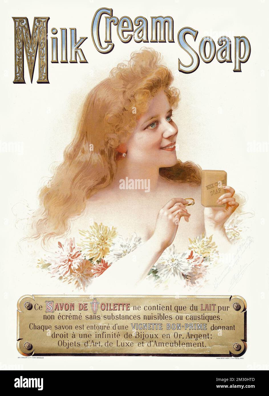 Vintage advertising poster - Milk cream soap. This toilet soap contains only pure non-skimmed milk without harmful or caustic substances - Ateliers Hu Stock Photo
