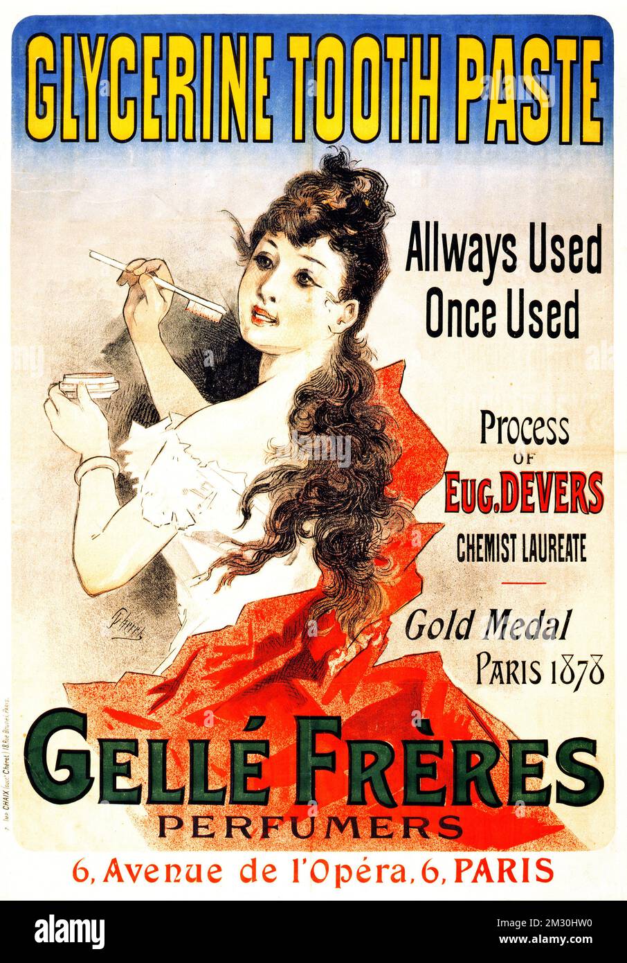 Vintage advertising poster - Glycerine tooth paste - Gellé Frères perfumers 6, Avenue de l'Opéra, 6, Paris - Jules Chéret - 1889 Stock Photo