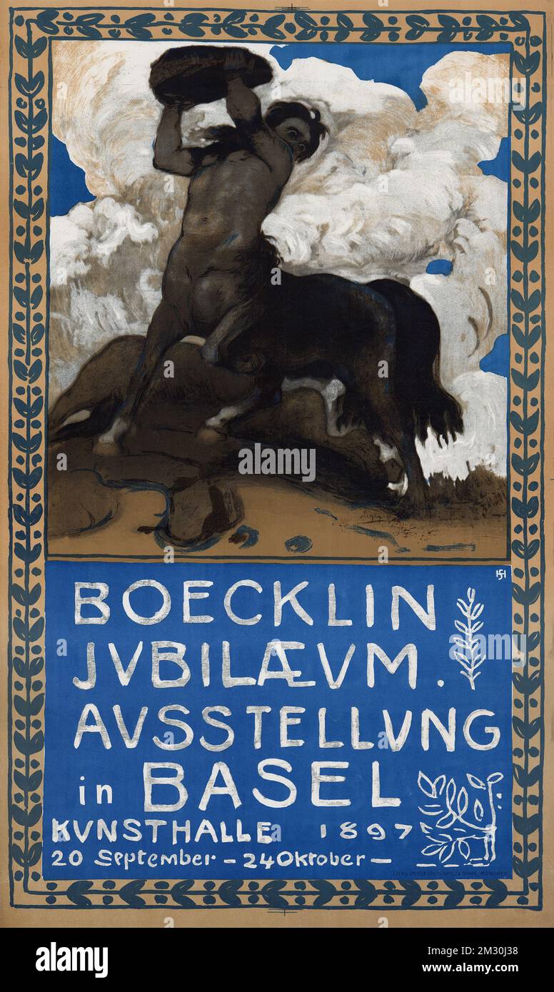 Vintage poster for exhibition in Basel, feat a centaur - Plakat von Hans Sandreuter für eine Ausstellung zum 70. Geburtstag von Arnold Böcklin in de Stock Photo