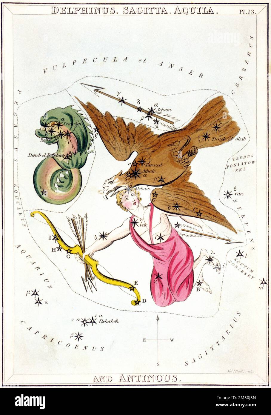 Sidney Hall - astronomical chart illustration of the zodiac Urania's Mirror - Delphinus, Sagitta, Aquila, and Antinous - 1831 Stock Photo