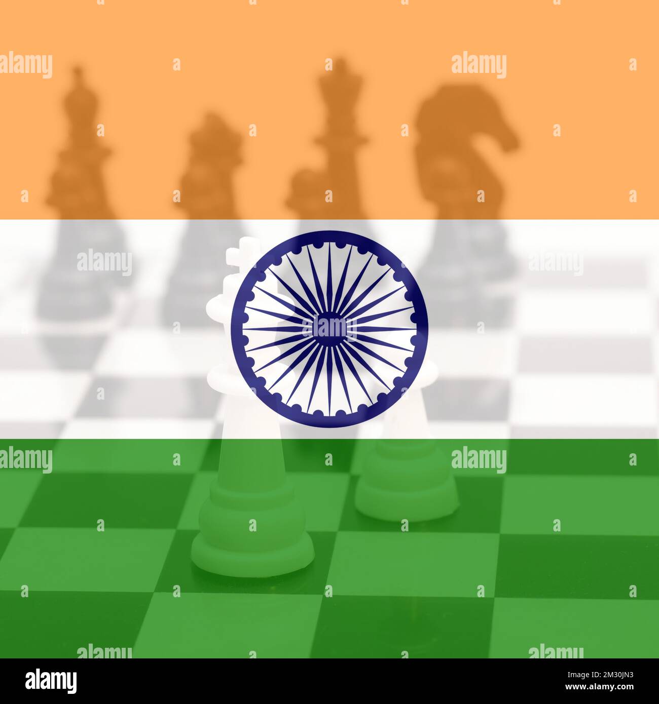 Double exposure of Indian flag with chess board with chess Stock Photo