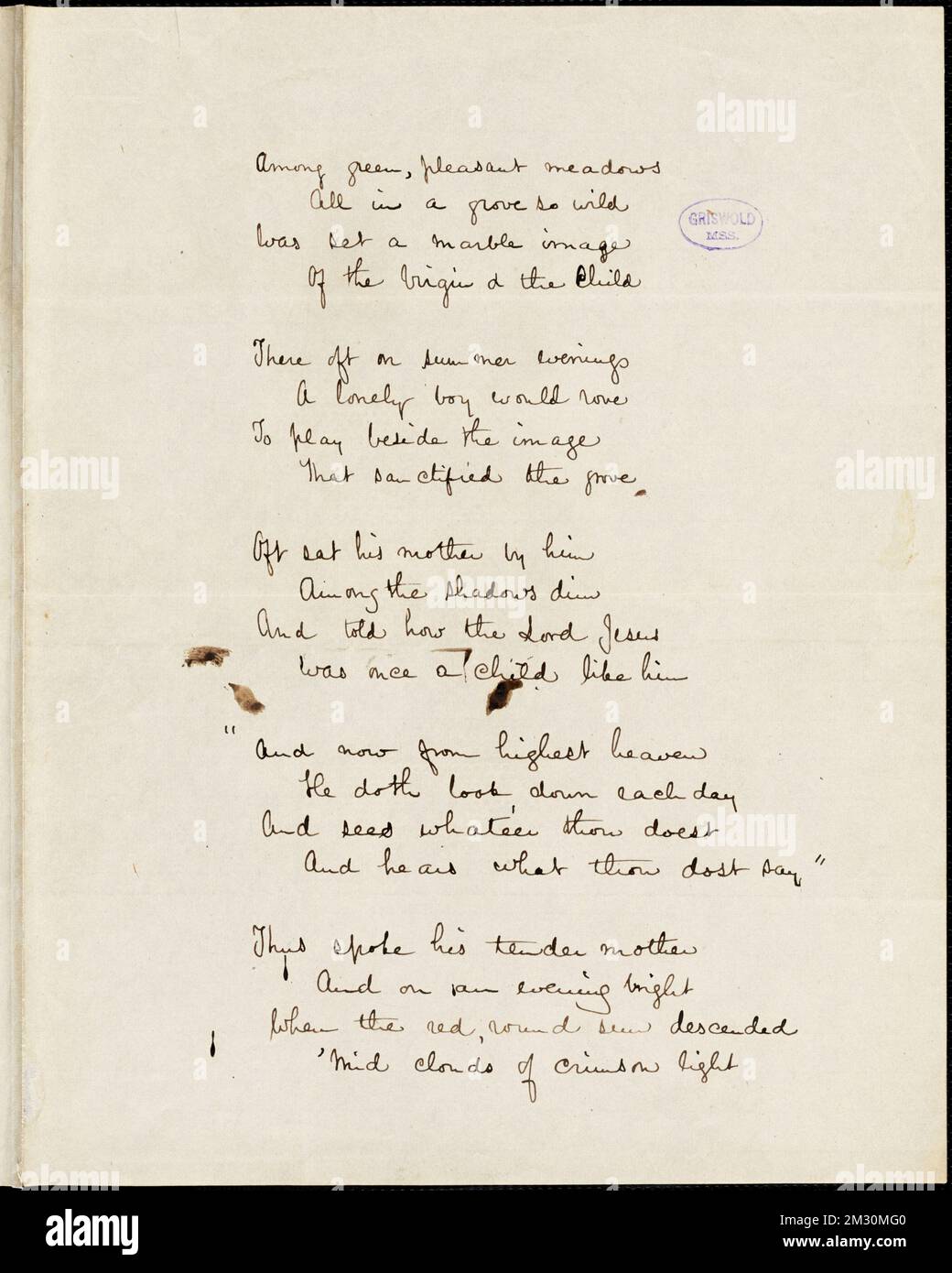 Frances Sargent (Locke) Osgood manuscript poem: 'Among green, pleasant meadows.' , American literature, 19th century, History and criticism, Authors, American, 19th century, Correspondence, Authors and publishers, Poets, American, 19th century, Correspondence. Rufus W. Griswold Papers Stock Photo