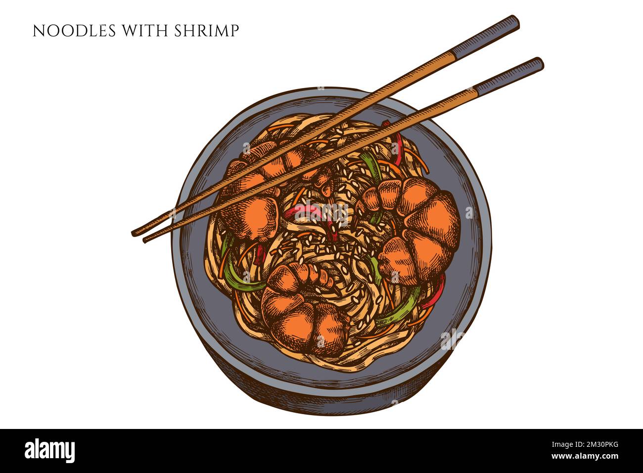 Asian food hand drawn vector illustrations collection. Colored noodles with shrimp. Stock Vector