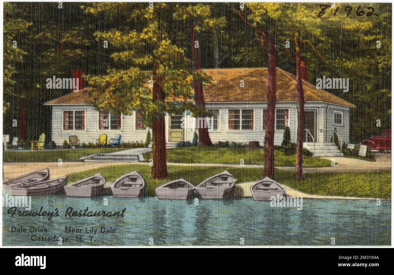 Frawley's Restaurant, Dale Drive, near Lily Dale, Cassadaga, N. Y. , Restaurants, Lakes & ponds, Boats, Tichnor Brothers Collection, postcards of the United States Stock Photo