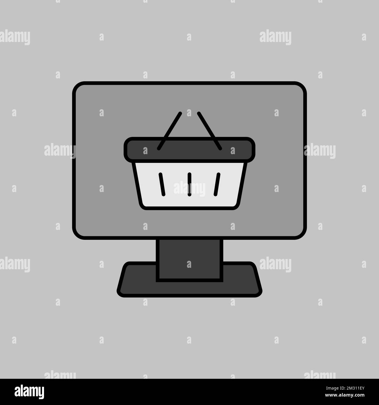 Computer display with shopping cart grayscale icon vector. Online ...