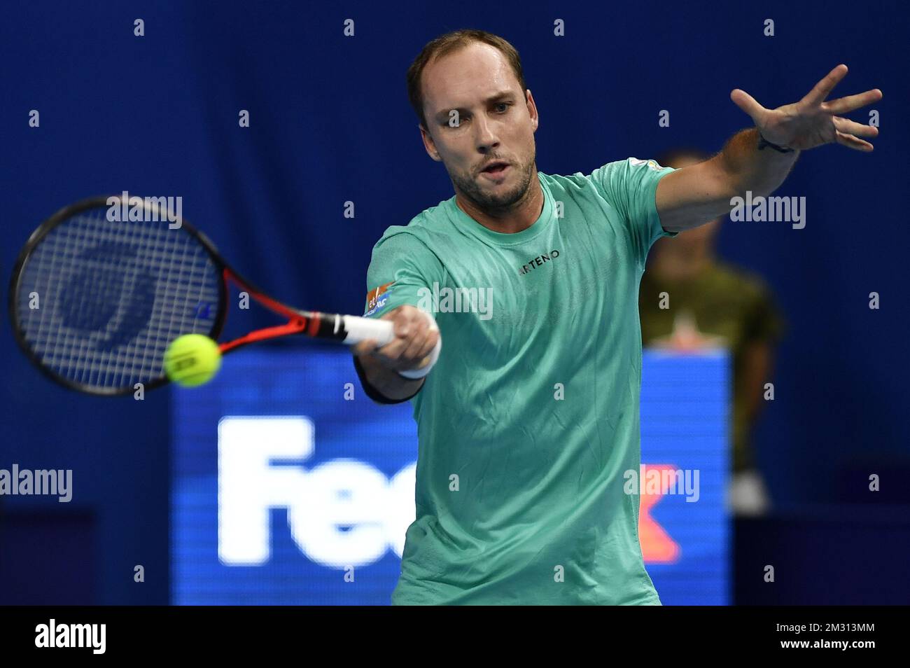 Belgian Steve Darcis plays a game between Belgian Steve Darcis and French  Gilles Simon, a men's singles first round match at the European Open ATP  Antwerp tennis tournament, Tuesday 15 October 2019