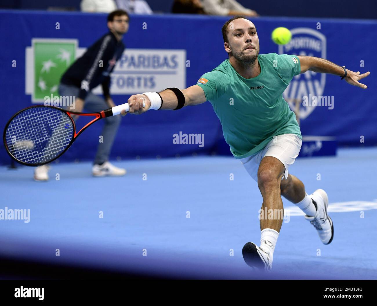 Belgian Steve Darcis plays a game between Belgian Steve Darcis and French  Gilles Simon, a men's singles first round match at the European Open ATP Antwerp  tennis tournament, Tuesday 15 October 2019