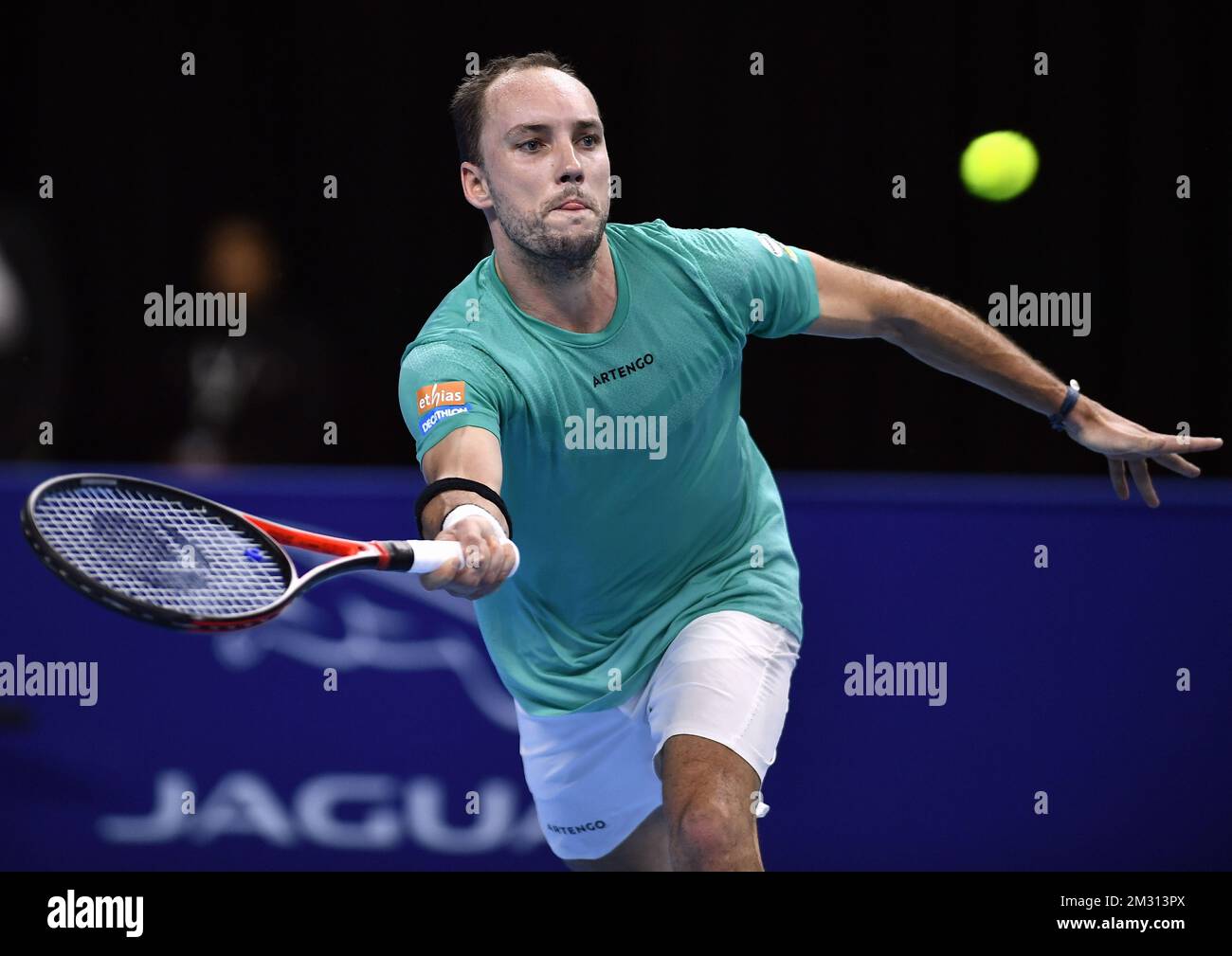 Belgian Steve Darcis plays a game between Belgian Steve Darcis and French  Gilles Simon, a men's singles first round match at the European Open ATP Antwerp  tennis tournament, Tuesday 15 October 2019