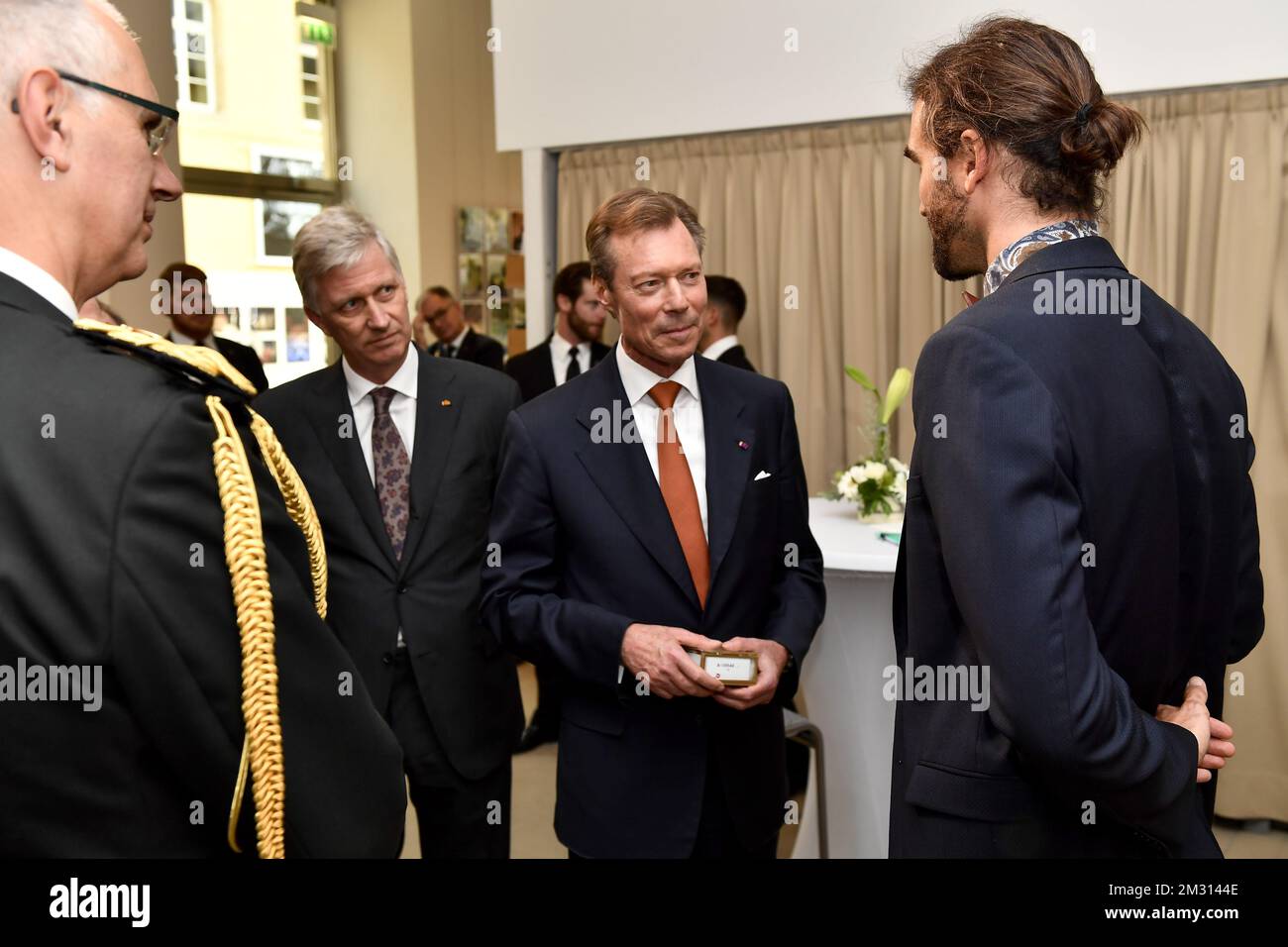 King Philippe - Filip of Belgium, Grand Duke Henri of Luxembourg and Julien  De Wit, Professor of Planetary Sciences at the MIT pictured during a meet  and greet of the Conclusion of