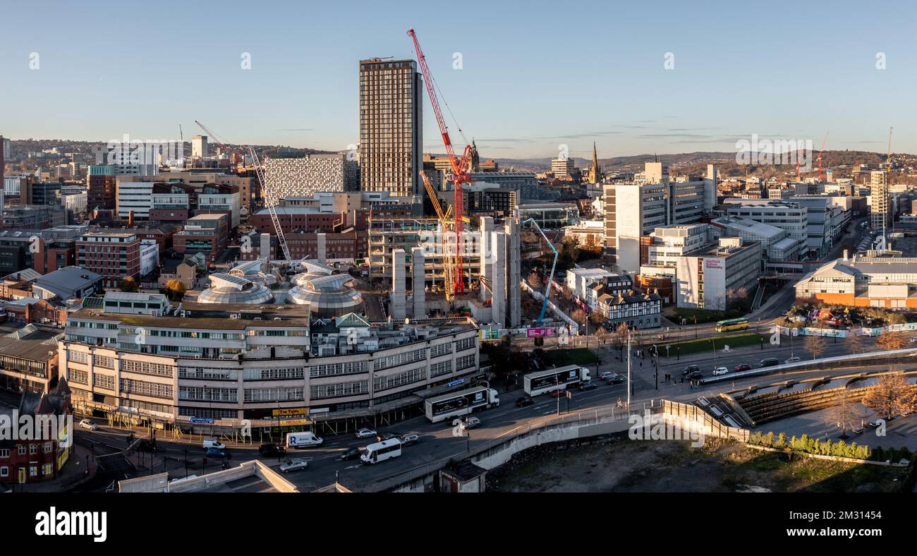 SHEFFIELD, UK - DECEMBER 7, 2022.  An aerial view of Sheffield Hallam University and Students' Union buildings known as The Hubs in the centre of Shef Stock Photo