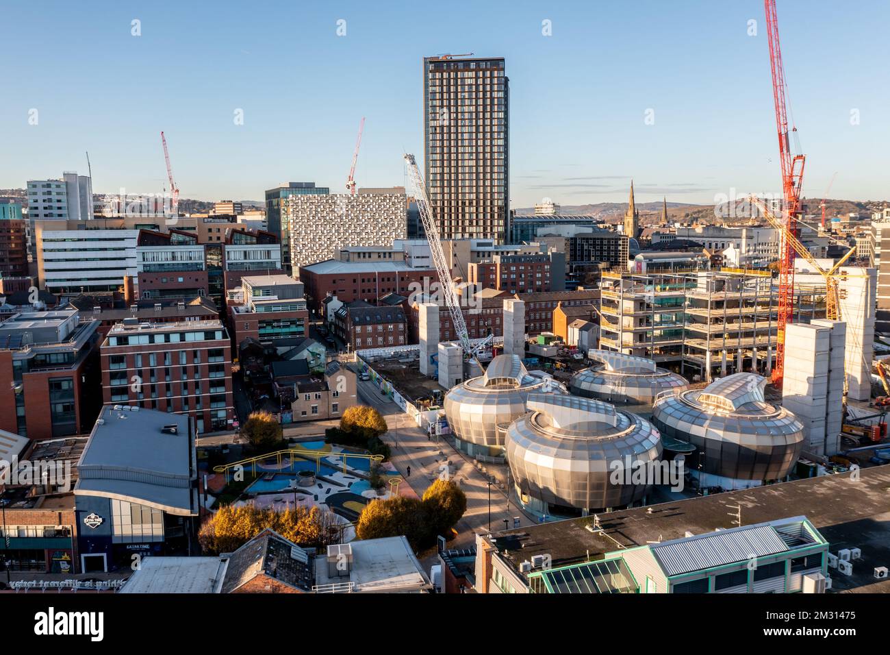 SHEFFIELD, UK - DECEMBER 7, 2022.  An aerial view of Sheffield Hallam University Students' Union buildings known as The Hubs in the centre of Sheffiel Stock Photo