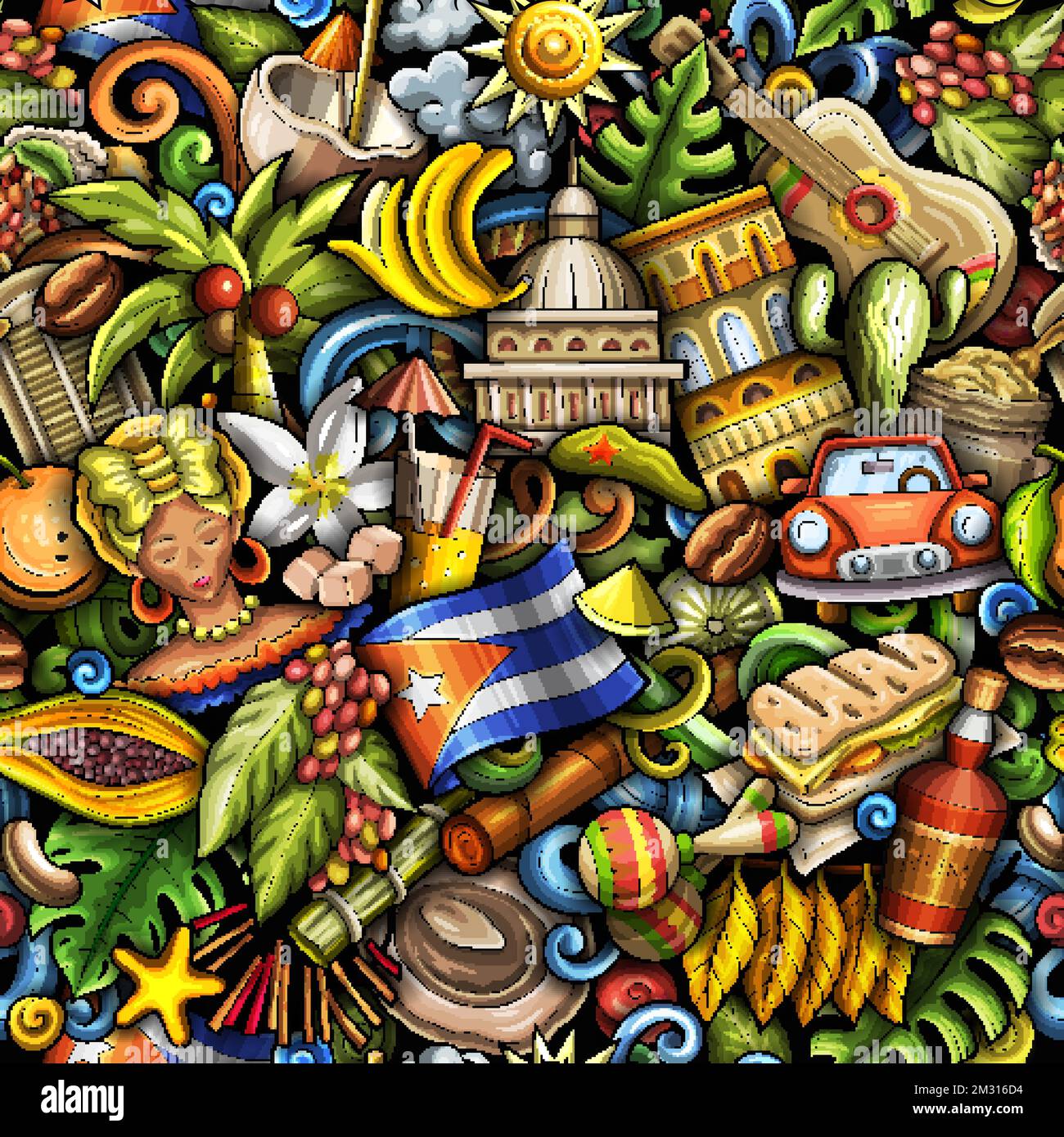 Cartoon doodles Cuba seamless pattern. Backdrop with local Cuban culture  symbols and items. Colorful background for print on fabric, textile,  greeting Stock Vector Image & Art - Alamy