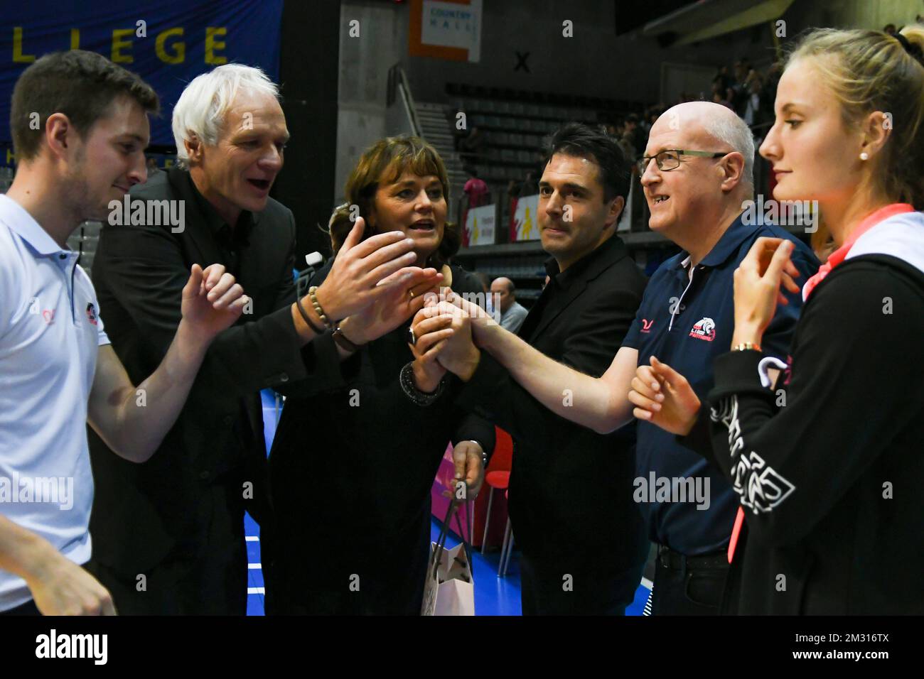 VOO Liege Panthers staff pictured before a basketball match between VOO Liege Panthers and BCF Elfic Fribourg, on the gameday 2, group J of the EuroCup Women, Wednesday 23 October 2019, Liege, Country Hall du Sart Tilman. PHOTO BERNARD GILLET Stock Photo