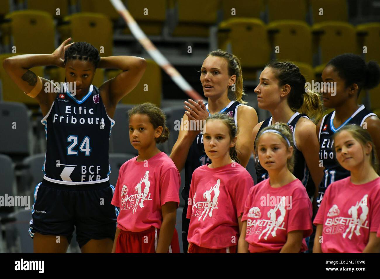 BCF Elfic Fribourg players pictured before a basketball match between VOO Liege Panthers and BCF Elfic Fribourg, on the gameday 2, group J of the EuroCup Women, Wednesday 23 October 2019, Liege, Country Hall du Sart Tilman. PHOTO BERNARD GILLET Stock Photo