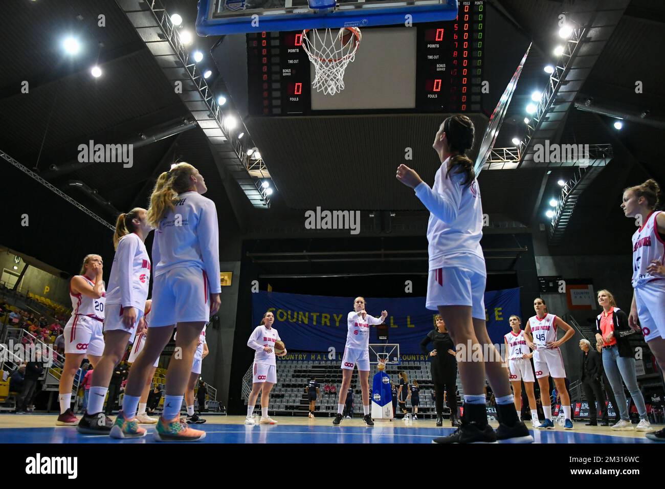 VOO Liege Panthers players pictured before a basketball match between VOO Liege Panthers and BCF Elfic Fribourg, on the gameday 2, group J of the EuroCup Women, Wednesday 23 October 2019, Liege, Country Hall du Sart Tilman. PHOTO BERNARD GILLET Stock Photo