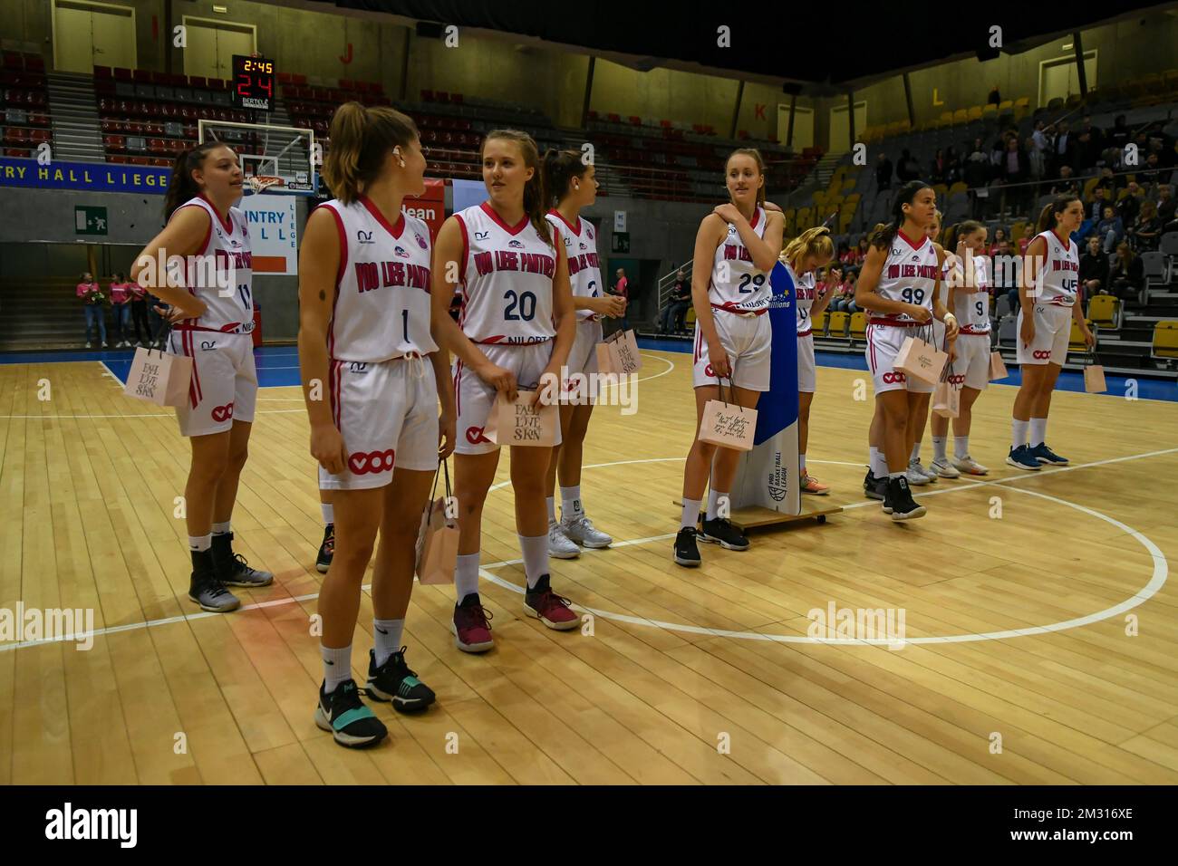 VOO Liege Panthers players pictured before a basketball match between VOO Liege Panthers and BCF Elfic Fribourg, on the gameday 2, group J of the EuroCup Women, Wednesday 23 October 2019, Liege, Country Hall du Sart Tilman. PHOTO BERNARD GILLET Stock Photo