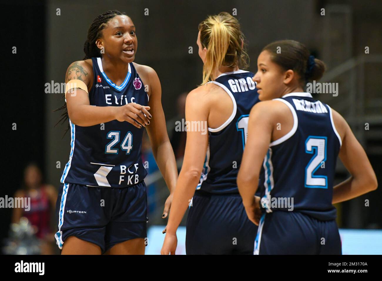 BCF Elfic Fribourg players pictured during a basketball match between VOO Liege Panthers and BCF Elfic Fribourg, on the gameday 2, group J of the EuroCup Women, Wednesday 23 October 2019, Liege, Country Hall du Sart Tilman. PHOTO BERNARD GILLET Stock Photo
