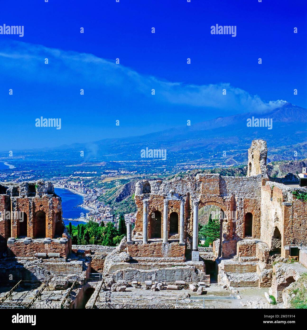 Greek Theater with Mt.Etna in background in Taormina, Sicily Stock
