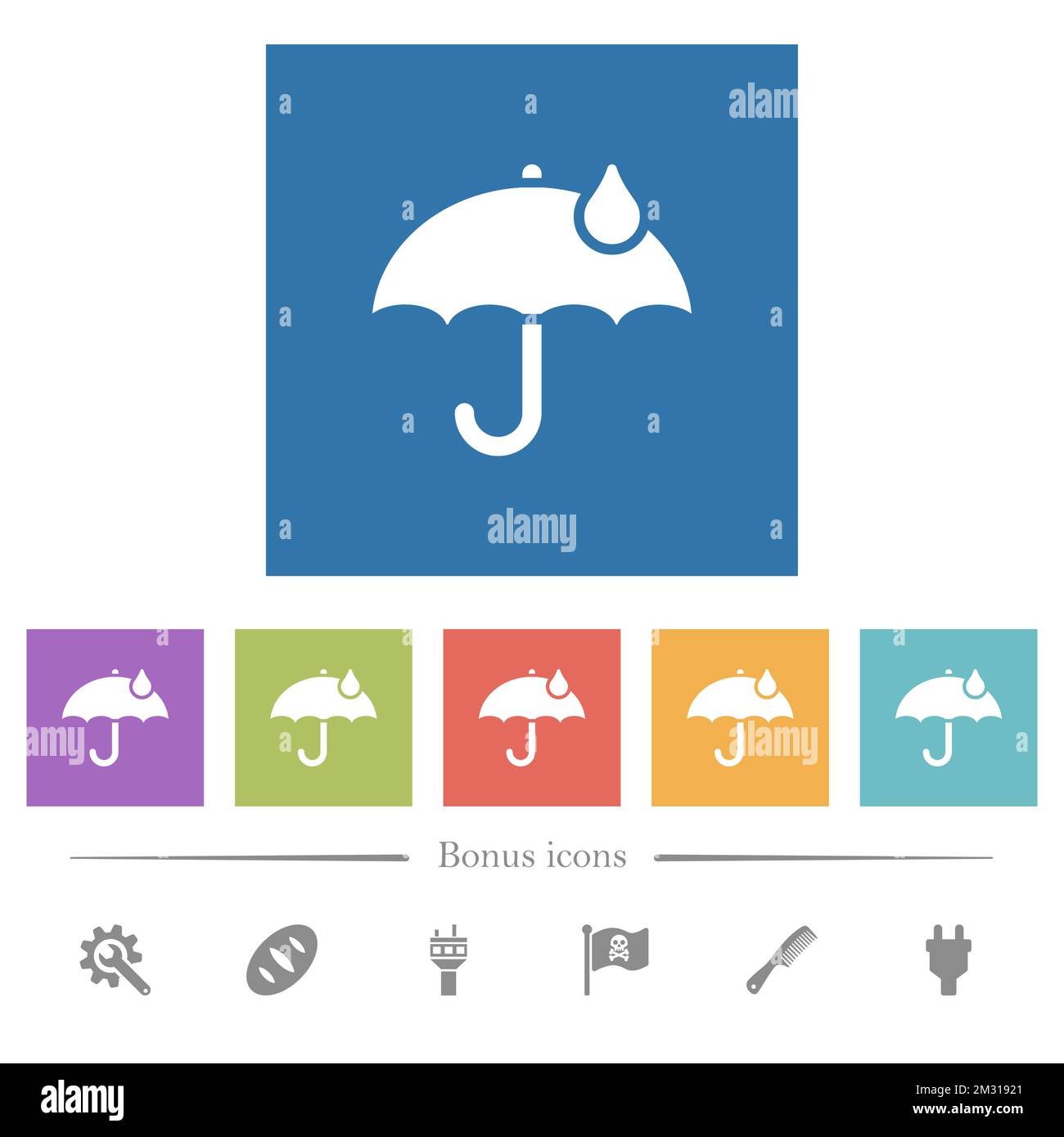 Umbrella with single raindrop solid flat white icons in square ...