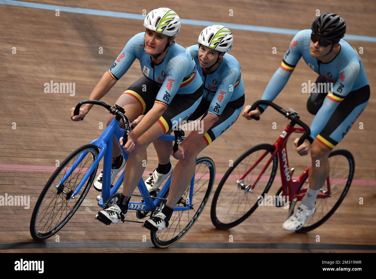 Paralympic cyclist tandem team Griet Hoet and Anneleen Monsieur pictured during the second day of a press visit to the training camp of the athletes of the Paralympic Team Belgium, ahead of the Tokyo 2020 Paralympic Games, Tuesday 29 October 2019, in Paris. The Tokyo 2020 Paralympic Games take place from 25 August to 06 September 2020. BELGA PHOTO ERIC LALMAND Stock Photo